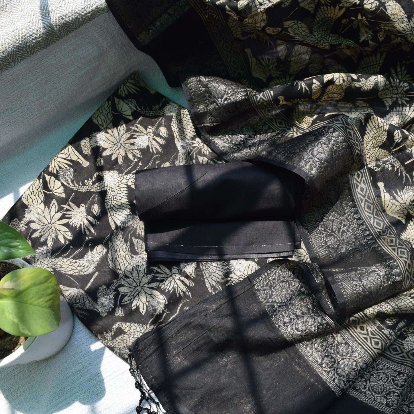 Black – Beige Banarasi Pure Silk Suit | Digital Print Suit