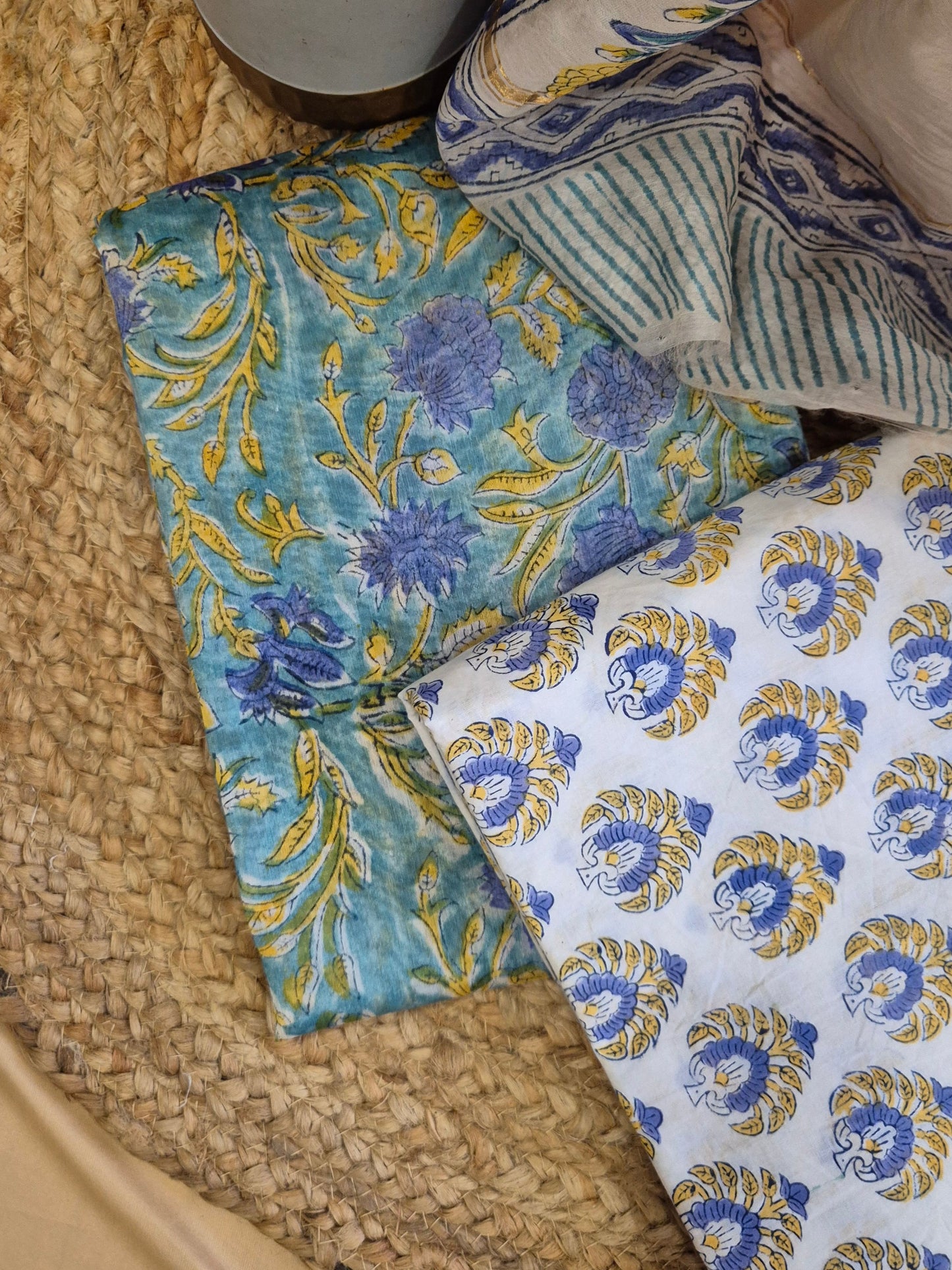 Blue Beige Soft Chanderi Silk Block Printed Suit Dress Material