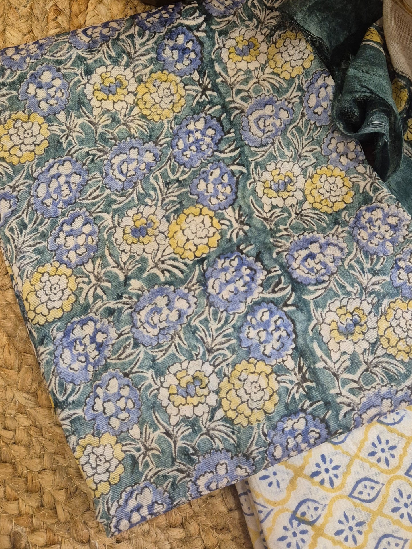 Blue Floral Soft Chanderi Silk Block Printed Suit Dress Material