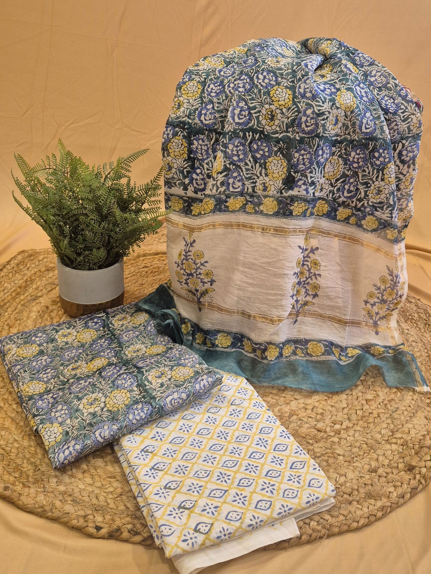 Blue Floral Soft Chanderi Silk Block Printed Suit Dress Material