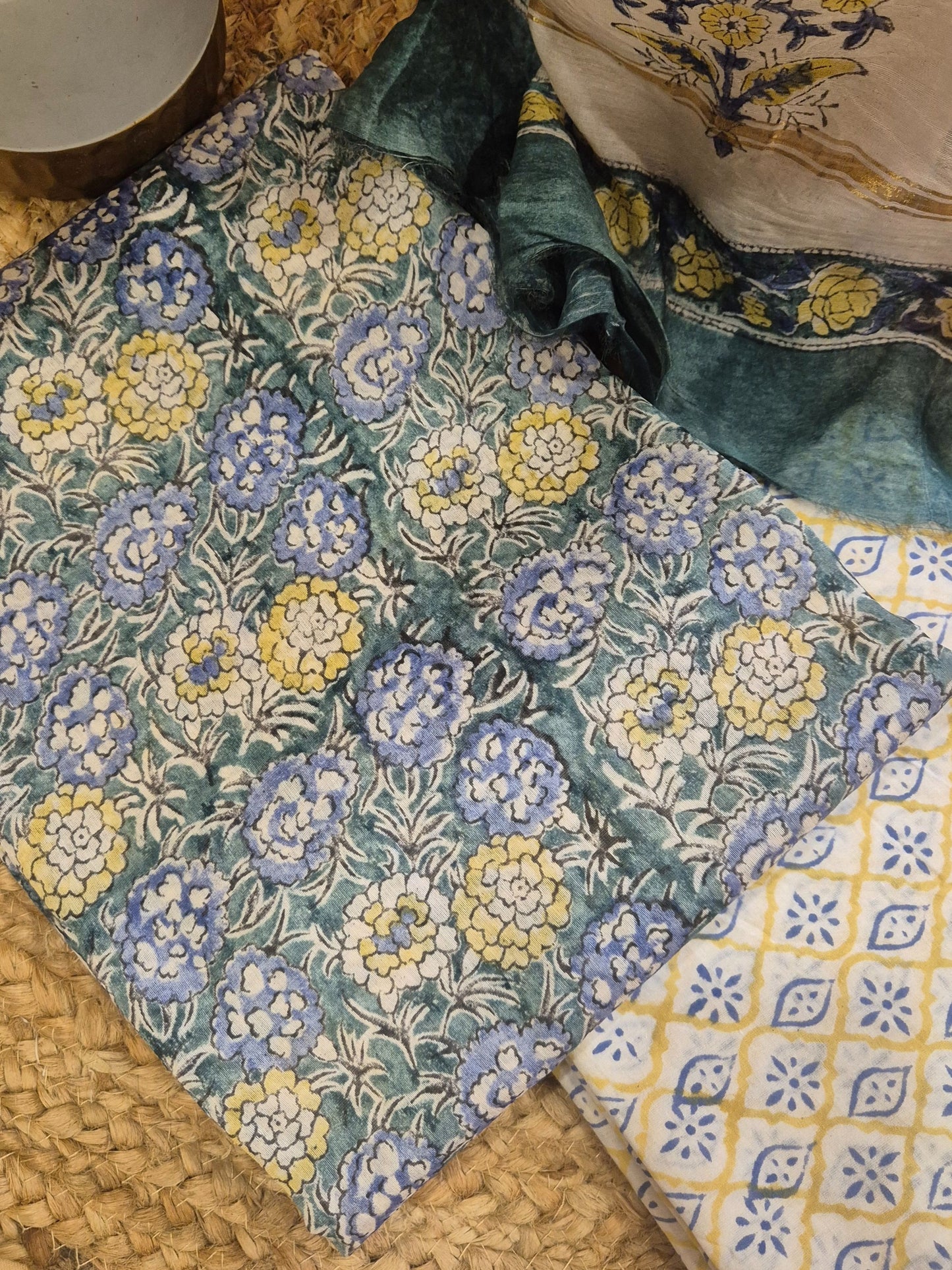 Blue Floral Soft Chanderi Silk Block Printed Suit Dress Material