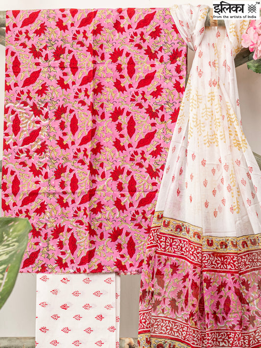 Block Print 3 Pc Unstitched Suit Set – Shirt, Bottom, Dupatta – Pink, Red, Off White