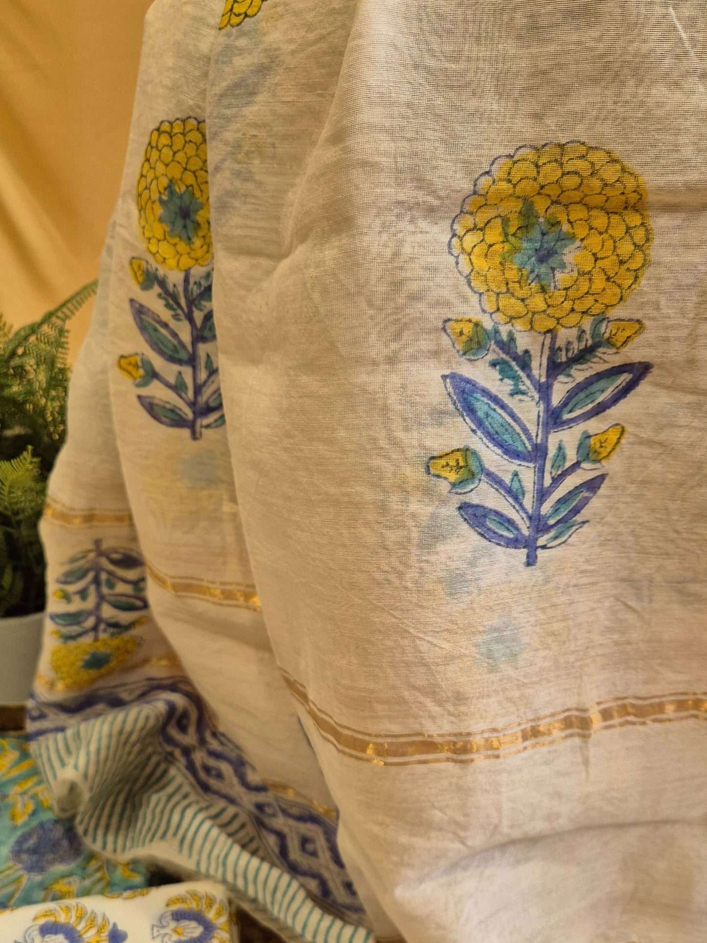 Blue Beige Soft Chanderi Silk Block Printed Suit Dress Material