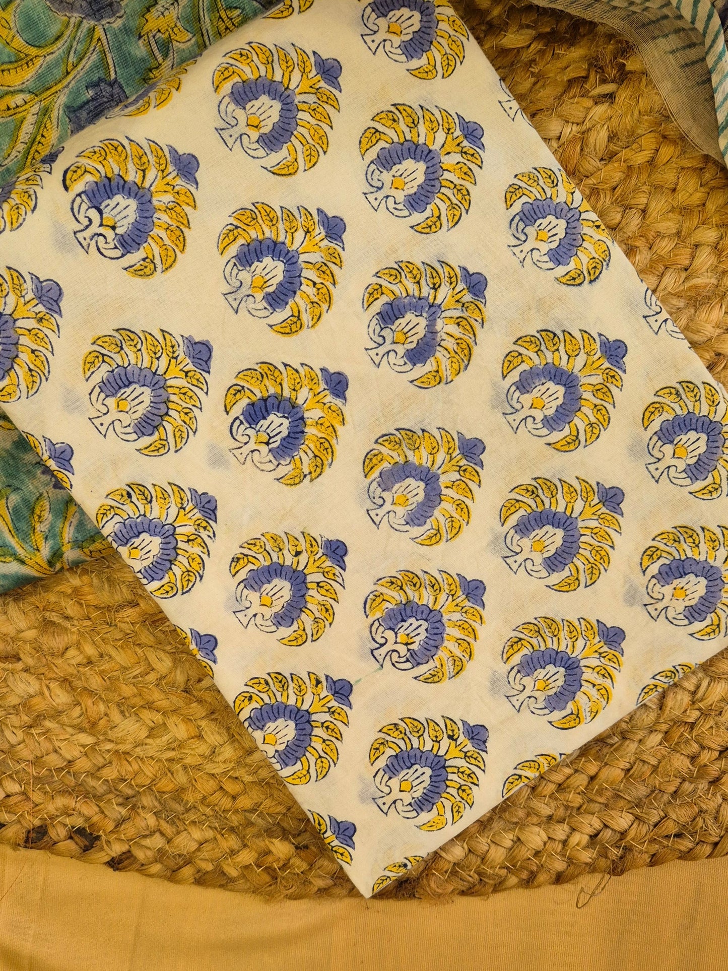 Blue Beige Soft Chanderi Silk Block Printed Suit Dress Material