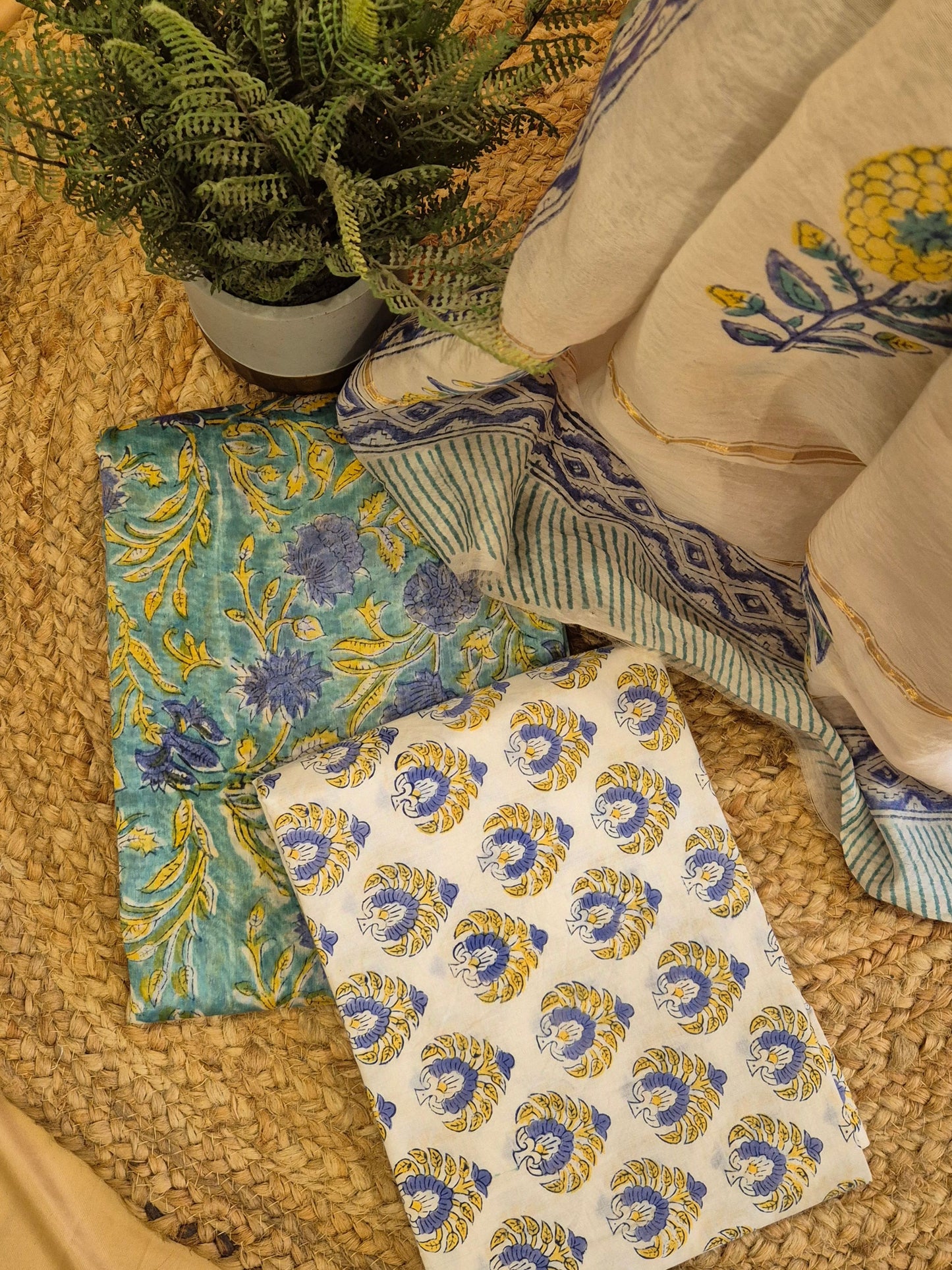 Blue Beige Soft Chanderi Silk Block Printed Suit Dress Material