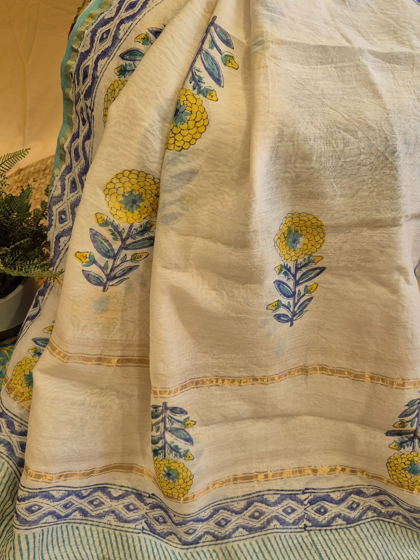 Blue Beige Soft Chanderi Silk Block Printed Suit Dress Material