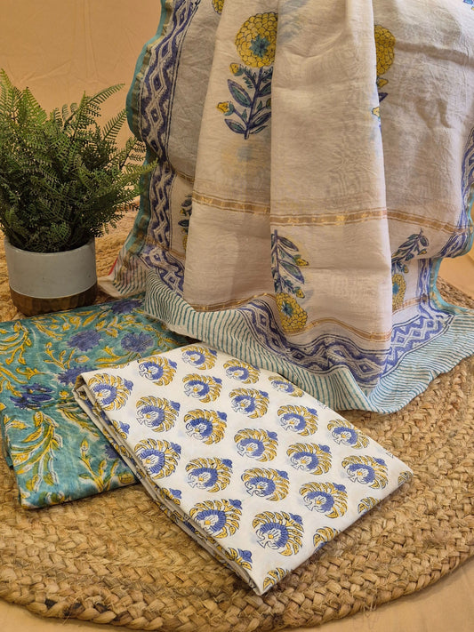 Blue Beige Soft Chanderi Silk Block Printed Suit Dress Material
