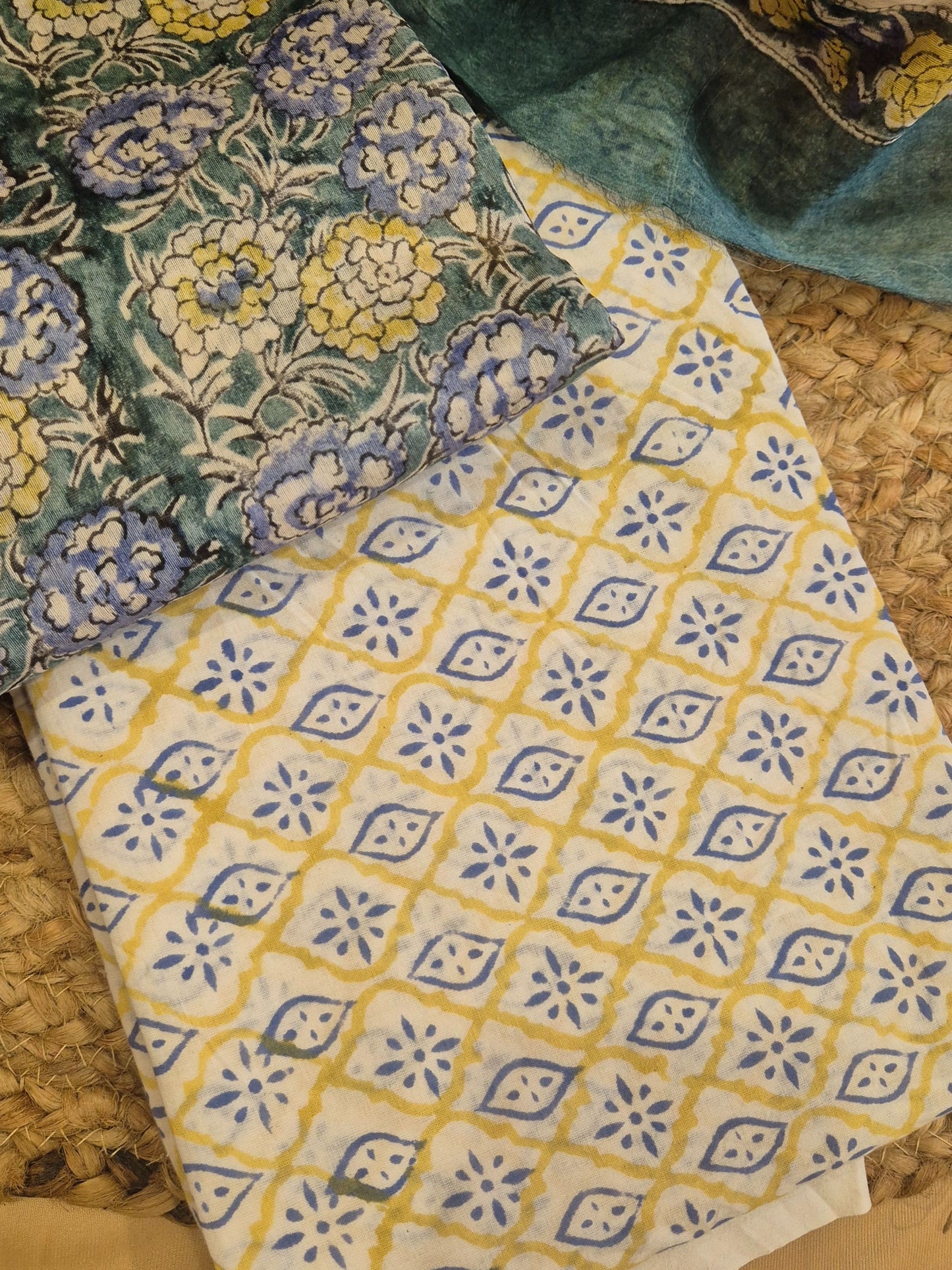 Blue Floral Soft Chanderi Silk Block Printed Suit Dress Material
