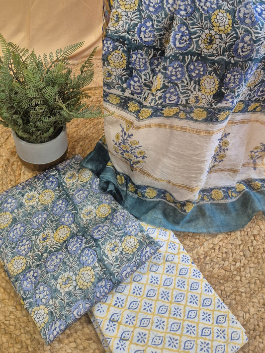 Blue Floral Soft Chanderi Silk Block Printed Suit Dress Material