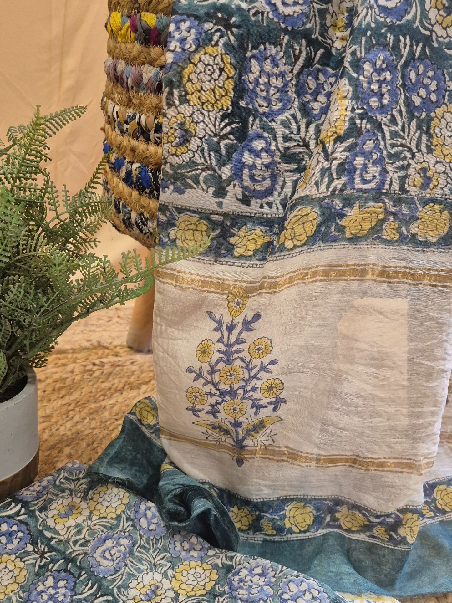 Blue Floral Soft Chanderi Silk Block Printed Suit Dress Material